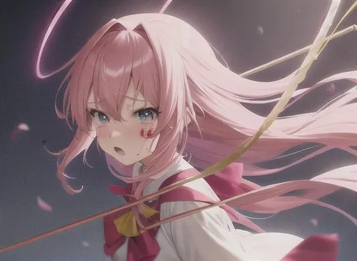Prompt: Pink hair, long, fringe, cute, anime girl, battle, passionate, blood, bow and arrows, tears, high angle