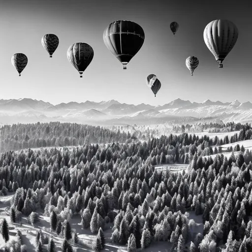 Prompt: A black and white winter landscape with fir trees and mountains, and several colorful hot air balloons flying in formation above.