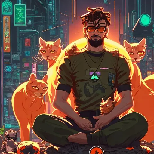 Prompt: A handsome lean light olive skin man with short light brown hair black rim glasses and light brown hair is meditating with one large orange cat and two small black cats on his lap, cyberpunk background 