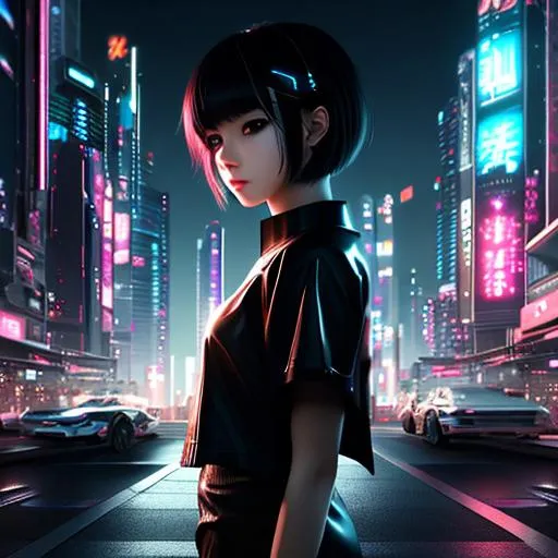 Prompt: Full body Photo of young anime girl with Brown short hair and emotionless face, cyberpunk night city, wearing only long t-shirt, cyber implants, perfect composition, super detailed, 8k, high quality, trending art, trending on artstation, sharp focus, studio photo, intricate details, highly detailed