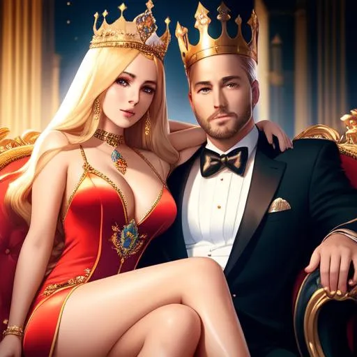 Prompt: A beautiful queen sitting on her throne with the king, wearing a silky slit dress, cleavage visible, thigh visible, legs visible, crown on her head,  symmetrical face, freckles, side lighting, volumetric lighting,