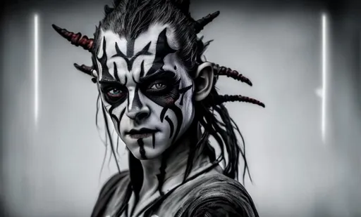 Prompt: monochrome, kristen stewart, detailed face, beautiful, skinny, starved, anorexic detailed face, darth maul facepaint, tattoos, general grevious arms, katanas, black armor, silver armor plates