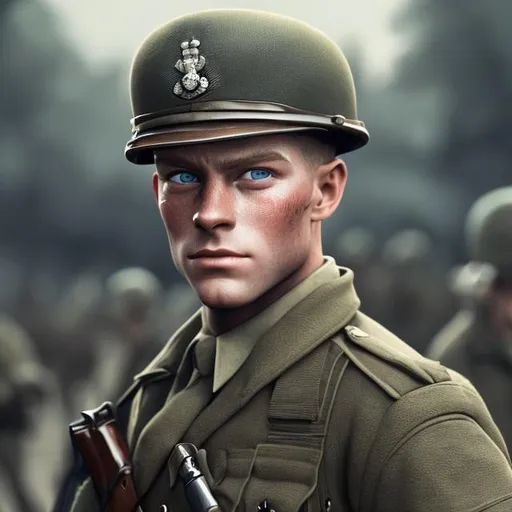 Prompt: Handsome soldier from WW2 { men has warm blue eyes } , {background}, super detailed, 8k, high quality, sharp focus, real skin, cheeks red, transparent, intricate details, highly detailed