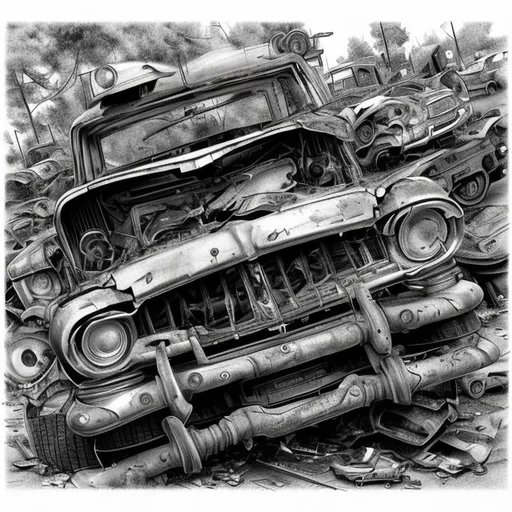 Prompt: junkyard drawing car crash