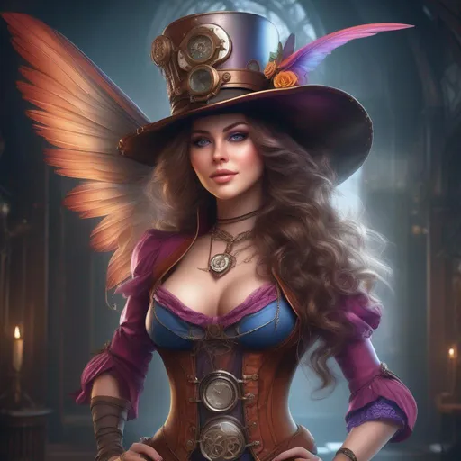 Prompt: Wide angled, 4k, 8k, Detailed Illustration. Full body in shot. Hyper realistic painting. Photo real. She's a beautiful, shapely woman with immaculate accurate hands, and with vividly colored, bright eyes. Shes a Steam Punk, gothic style witch. A distinct Winged fairy, with a skimpy, colorful, gossamer, flowing outfit. On a picturesque Halloween night standing in a forest by a village. Concept art style. Matte painting. Epic. Cinematic