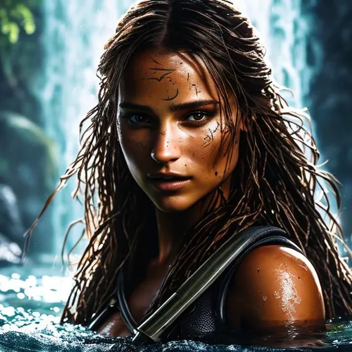 Prompt: beautiful centered Fine art photo face portrait of Alicia Vikander as a Lara Croft woman from Tomb Raider Videogame, treading on water, her wet in every parts, wear her camouflage diving suit and wear diving mask on face with one diving rifle on back, photorealistic, waterfall and Temple background, highly detailed and intricate, sunset lighting, HDR 8k