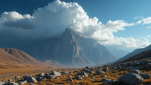 Prompt: Beneath a vast expanse of deep blue sky, layered with billowing white clouds, a dramatic landscape unfolds, characterized by rugged mountains that rise majestically in the distance. The foreground features a rocky terrain with large boulders scattered across the ground, their surfaces illuminated by soft golden sunlight, suggesting a late afternoon setting. The sloping hillsides, painted in warm earthy tones, contrast with the cooler, shadowy hues of the distant peaks, creating a sense of depth and dimension. A sense of anticipation fills the air as dark clouds gather on the horizon, hinting at an approaching storm that adds an element of tension and beauty to this serene yet powerful natural scene, titled "Gathering Storm."