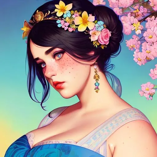 Prompt: cute plus sized woman with freckles, high bun, flowers in hair, intricate, detailed face, by Ilya Kuvshinov and Alphonse Mucha, dreamy, pastel colors, honey, red lips, blue eyes, sad, eyes bruises, diadem, tiara, sparkles, clear eyes
