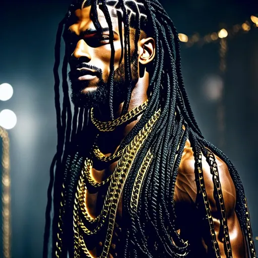 Prompt: Full length Beautiful braided long hair black man wrapped in heavy metal chains, cinematic lighting, realistic, super detailed, confident