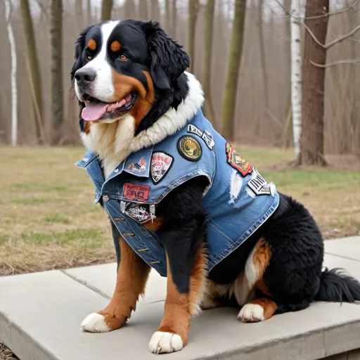 Prompt: Bernese Mountain Dog wearing a heavy metal music denim vest with patches 
