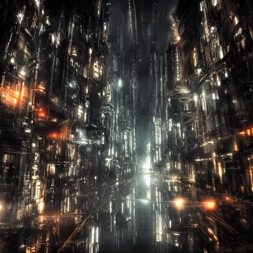 Prompt: futuristic city, dark, award winning, high detail, warm, cyber, steam punk, steampunk, photo quality, noire, dark sky, reflections, depth, hint of orange, lights on