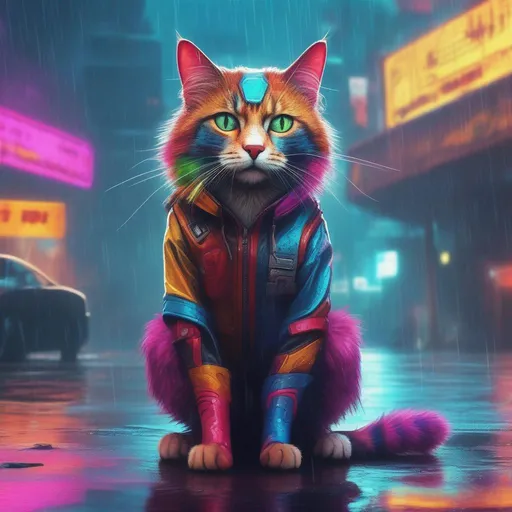 Prompt: A colourful and beautiful house cat in the rain in a cyberpunk world in a marvel movie style