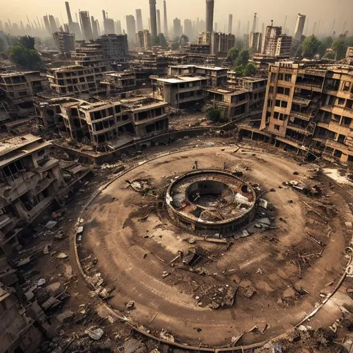 Prompt: post apocalyptic urban landscape in india. circular.
