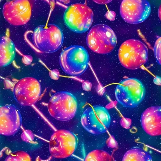 Prompt: Holographic cherries in outer space in the style of Lisa frank