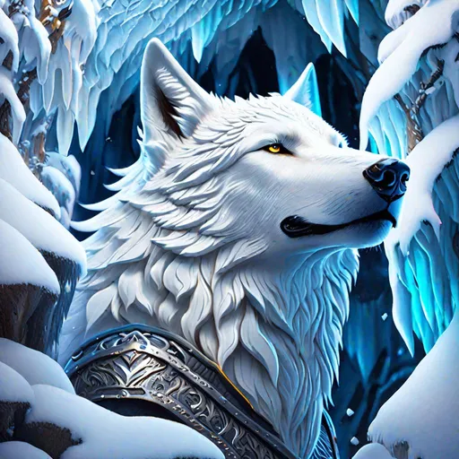 Prompt: "head and shoulder face portrait of a White Wolf wearing apocalyptic filigree Leather armour standing inside a Snowy living space cave, Hyperrealistic, splash art, concept art, mid shot, intricately detailed, color depth, dramatic, 2/3 face angle, side light, colorful background"