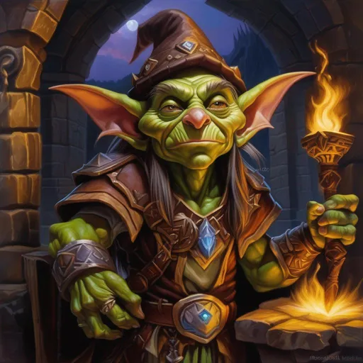 Prompt: Goblin sorcerer, female goblin, Dungeons and Dragons character art, oil painting, background consists of magical ruins at twilight, his expression is one of wonder, he is wearing expensive adventurer clothing, art inspired by "World of Warcraft", detailed symmetrical face, real, alive, real skin textures,