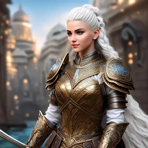 Prompt: full body picture super detailed lifelike of a female Caucasian warrior with short platinum white hair in a bronze medieval armor, detailed round face, 

masterpiece photographic real digital ultra realistic hyperdetailed, blue iris, highly detailed beautiful gloss lips, highly detailed short white hair, white eyebrows, smooth skin, blue sea background

hopeful, smile, cinematic light,

soft focus, digital painting, oil painting, clean art, professional, colorful, rich deep color,  CGI winning award, UHD, HDR, 8K, RPG, UHD render, HDR render, 3D render cinema 4D