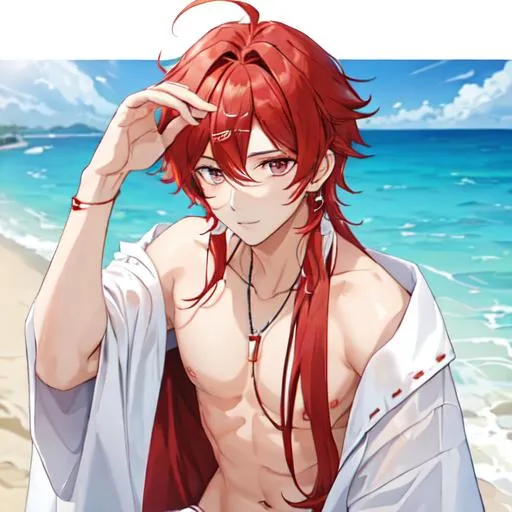 Prompt: Zerif 1male (Red side-swept hair covering his right eye) at the beach