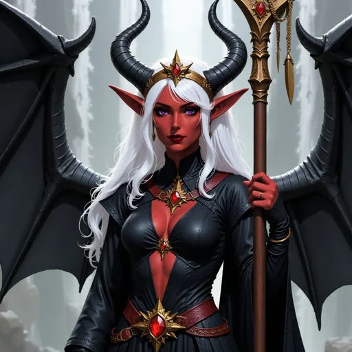 Prompt:  @p2CZMES7VK5y7B1QsEFp white hair, large crown, lots of jewelry, horns curved down, black clothes, big wings, wooden staff, waterfall