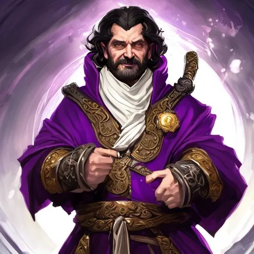 Prompt: Fantasy art - Full length portrait of a Wealthy merchant wearing purple and ivory white robes, black hair, smug face. At his belt should be a wicked dagger in a sheath with a ruby set into the pommel. 