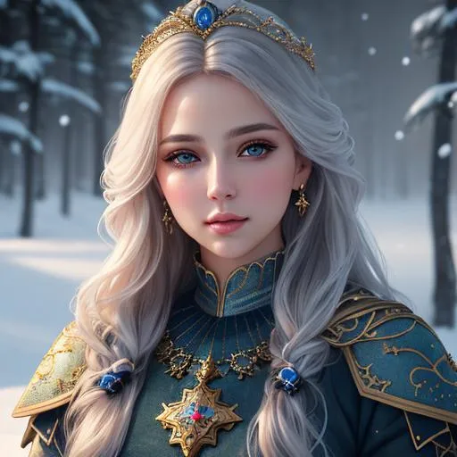 Prompt: create photograph of beautiful winter female princes, detailed face, extremely detailed environment, extremely detailed background, extremely detailed skin, extremely detailed clothing, natural colors , professionally color graded, photorealism, 8k, realistic, moody lighting, galactic environment, volumetric lighting