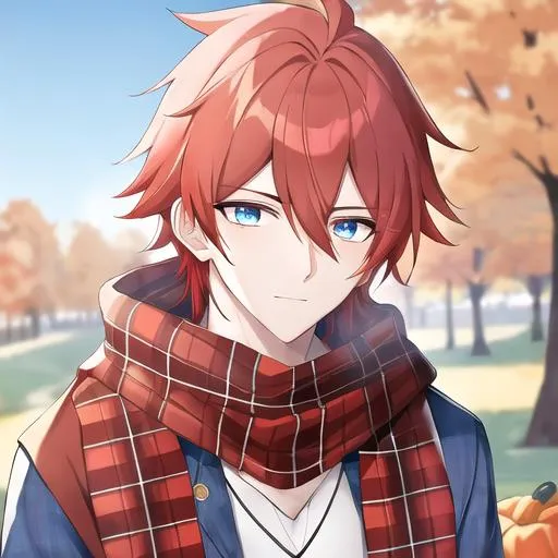 Prompt: Zerif 1male (Red side-swept hair covering his right eye, blue eyes), highly detailed face, wearing a cozy flannel shirt and a pair of stylish jeans. In the park, fall.  wearing a scarf, looking up at the sky, in a pumpkin patch, adult. Handsome,  detailed, UHD, HD, 4K, highly detailed, red haze, masculine, anime style