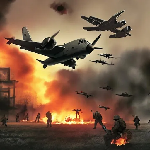 Prompt: an airplane burning while soldiers shoot the zombies-
