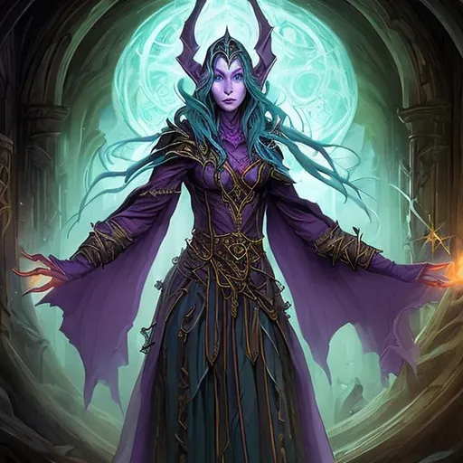 Prompt: "Conjure forth a captivating character portrait for a spellbinding D&D (Dungeons & Dragons) adventure. Meet Seraphina Stormweaver, an elven wizard with a past veiled in arcane mystery. She stands poised in a chamber lined with ancient tomes and mystical artifacts, an ambiance of scholarly magic enveloping her. Seraphina's elegant demeanor is accentuated by her flowing robes adorned with intricate golden embroidery that seems to shimmer with its own inner light.

Her long, silver-white hair cascades down her back like a cascading waterfall, adorned with delicate sapphire gems that glint like stars in the night sky. Behind a pair of half-moon spectacles, her eyes emanate a profound intellect and an intense connection to the magical energies of the world. A pendant of a crystalline sphere hangs from her neck, subtly emitting a soft, enchanting glow.

In one hand, she holds a gnarled wooden staff crowned with a multifaceted crystal, channeling her command over the arcane forces. Her other hand is raised, fingers gracefully poised in the midst of casting a spell, with ethereal tendrils of magic swirling and intertwining around her fingertips. With an aura of both ancient wisdom and boundless power, Seraphina is a mesmerizing embodiment of the arcane arts, inviting all to uncover the enigmas hidden within her spellbound journey."