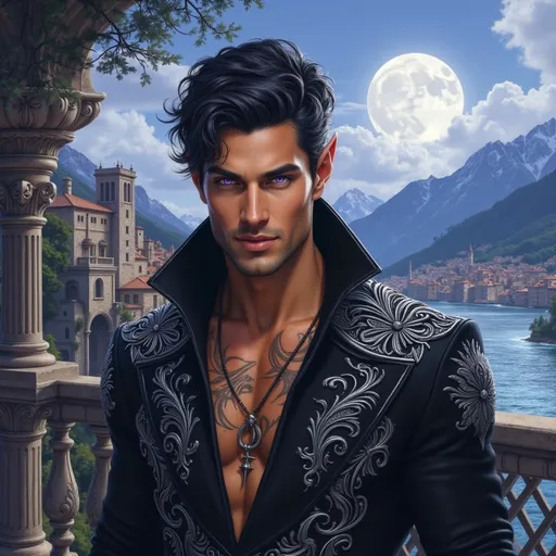 Prompt:  @E9F5IeylWCK78nhhDgNv a male elf with pointed ears and purple eyes, is standing on a terrace overlooking a riverside town. there are mountains behind him and a full moon. he is looking at the viewer and smiling enticingly.