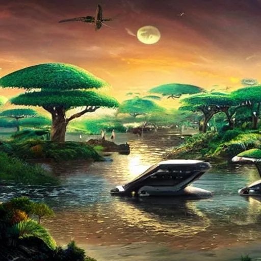 Prompt: futuristic African village, hyper realistic lake, hyper realistic river, amazing realistic water, alien African wildlife, post apocalyptic 