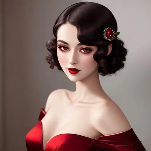 Prompt: 1920's female with dark brown eyes perfect cherry red lips wearing a very beautiful formal gown