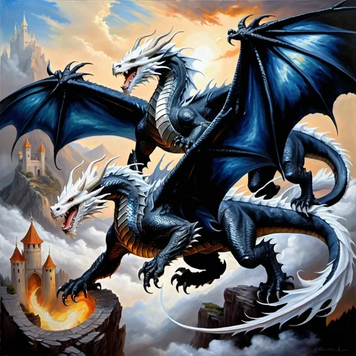 Prompt: many Dragon riders Chivalric Knights in realistic oil painting, flying through the sky in combat with each other, majestic white dragons with vibrant white scales and fur, white ethereal wings, flowing white hair, fierce expression, mythical landscapes, high fantasy, Dragon riders Chivalric Knights in realistic oil painting, flying through the sky in combat, majestic Black dragons with vibrant  dark blue metallic scales, dark ethereal wings, flowing, fierce expression, mythical landscapes, high fantasy, oil painting, vibrant colors, epic scale, detailed armor, stunning face, atmospheric lighting, professional, highres, fantasy, oil painting, dragon rider's Knights, flying, majestic, Dragon's face is bearded, ethereal, fierce expression, pale colors, high fantasy