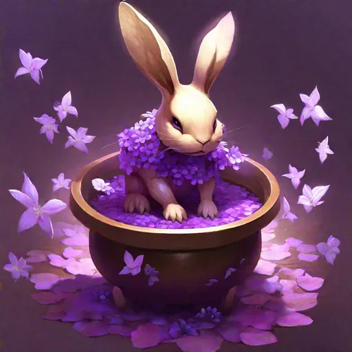 Prompt: Bipedal creature resembling a violet rabbit, inside a light-brown pot, surrounded by iridescent violet flower petals, masterpiece, best quality, in final fantasy style