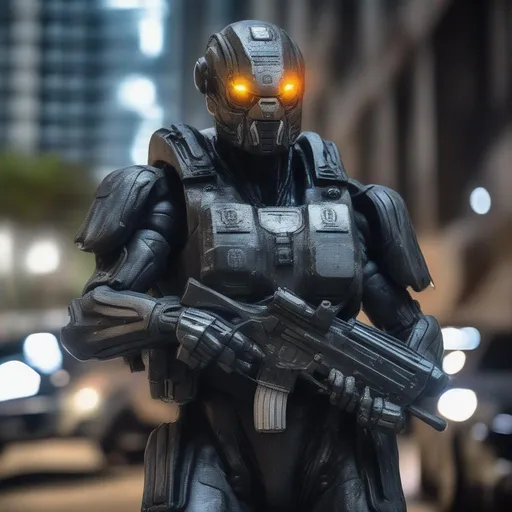 Prompt: A ultra realistic cybercop in São Paulo, very complex build, weathered, beaten. realistic photography   