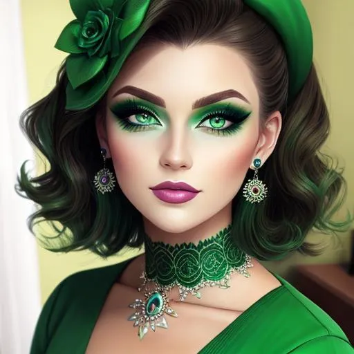 Prompt: A woman all in green, green eyes, pretty makeup