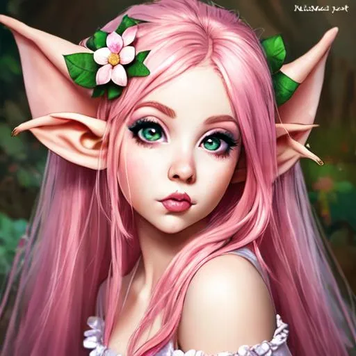 Prompt: Beautiful elf flower girl with pink hair and big lips and eyes