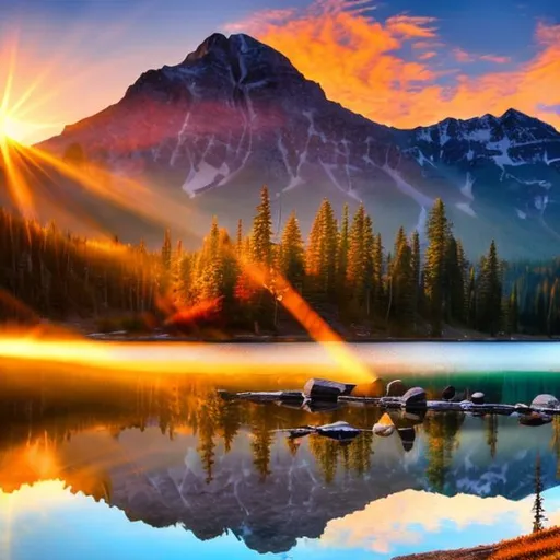 Prompt: A bright sunrise over a beautiful mountain lake with a small log cabin