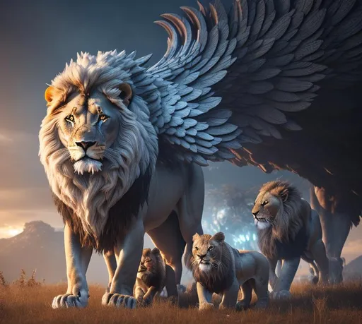 Prompt: lion with 2 magnificent wings ridden by warriors. 3D Game Cinematic Feel, Epic 3D Videogame Graphics, Intricately Detailed, 8K Resolution, Dynamic Lighting, Unreal Engine 5, CryEngine, Trending on ArtStation, HDR, 3D Masterpiece, Unity Render, Perfect Composition
