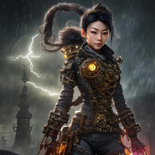 Prompt: Asian female steampunk character in an action pose on a stormy Clocktower, 8k resolution, intricate details, gears, trending on Artstation, with red glowing eye robots flying in a lightning storm., highlighting the intricate details and vibrant colors. The image evokes a sense of wonder and serenity, inviting viewers to explore and connect with the ethereal landscapes portrayed in the prompt.