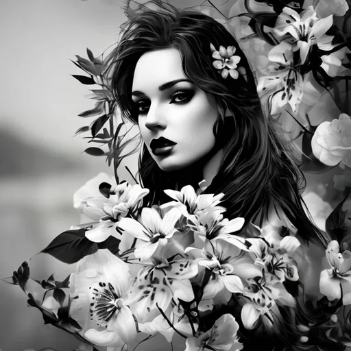 A wild women in black and white with black flowers | OpenArt