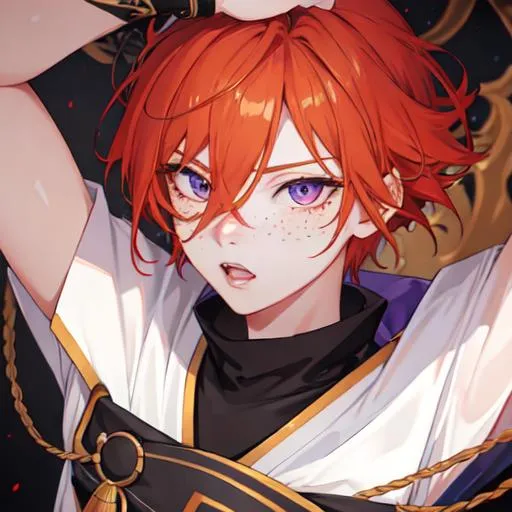 Prompt: Erikku male adult (short ginger hair, freckles, right eye blue left eye purple) UHD, 8K, Highly detailed, insane detail, best quality, high quality, anime style