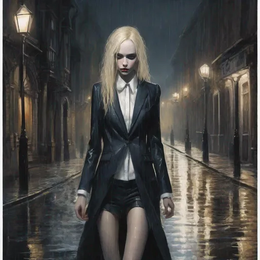 Prompt: an extremely skinny almost doll looking woman with pale white skin walking down a gothic street at night in the rain with a blank expression and frail blonde hair in a classy suit jacket