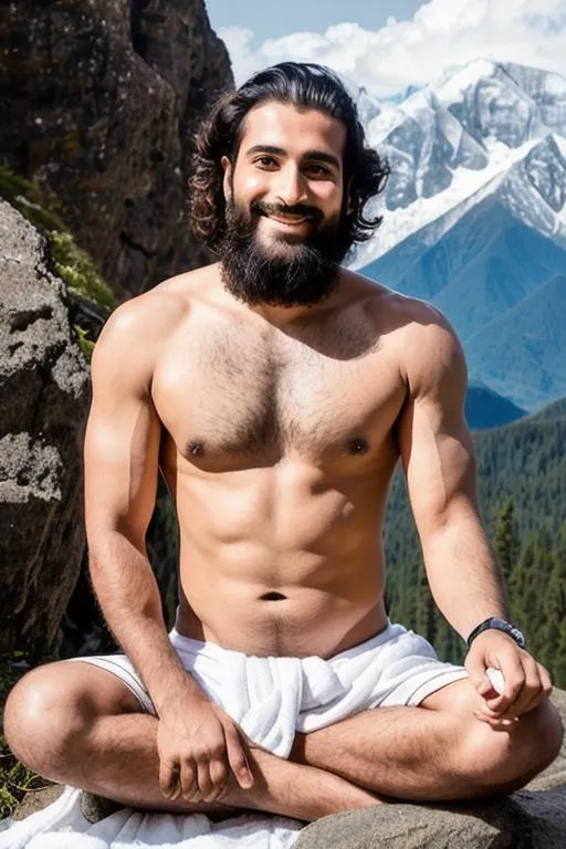 Prompt: full body portrait of a cute handsome rugged kashmiri warrior, "hyperreal detailed meditative face", sunlit Kangrinboqe Peak,white dhoti, lost in god, meditating, calm smile, (snow),pretty, lean muscle, hyperreal, side angle, white, detailed, hyperreal, sitting, arena, perfect composition, hyperrealistic, super detailed, 8k, high quality, trending art, trending on artstation, sharp focus, studio photo, intricate details, highly detailed, by greg rutkowski

