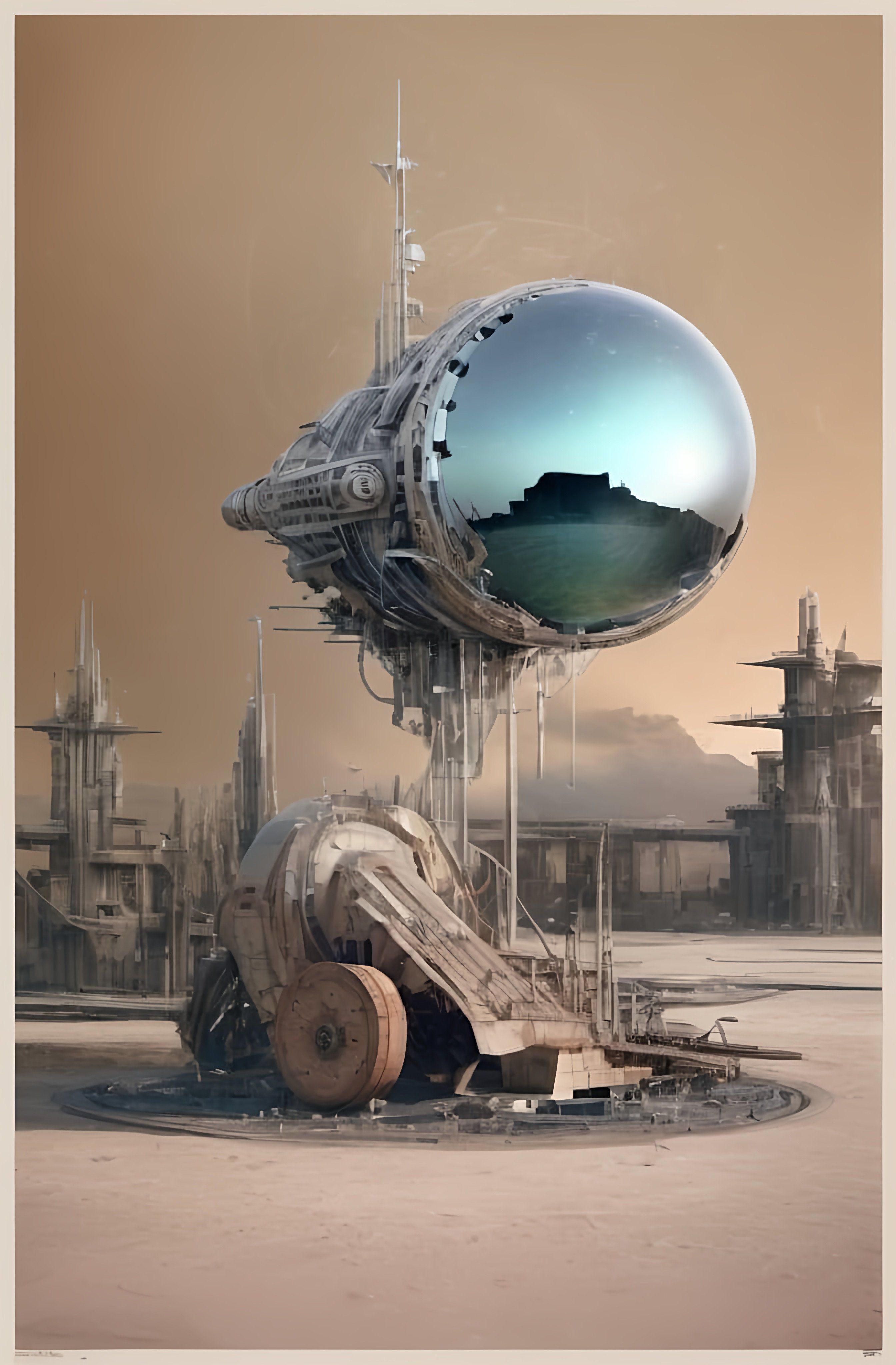 Prompt: a futuristic city with a giant metal object in the middle of it's ground area and a large metal object in the middle of the ground, a detailed painting