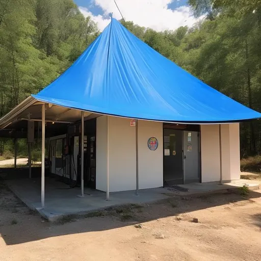 Prompt: an abandoned gas station, converted into a permanent shelter, Tarp roofs,