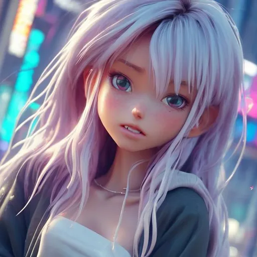 Prompt: New character. Full body pic. Transparent clothes. Waifu. Stunning. Cute. Tiny. Dimples. Mesmerising . Pheromones. Innocent. Naive. Alluring. Young woman. beauty. Interesting eye makeup. Pastel coloured hair. Incredibly gorgeous. Sweet. Very Futuristic skimpy small tight clothes. Revealing. Realistic. Gritty. Detailed. Full body. Neo Tokyo background.