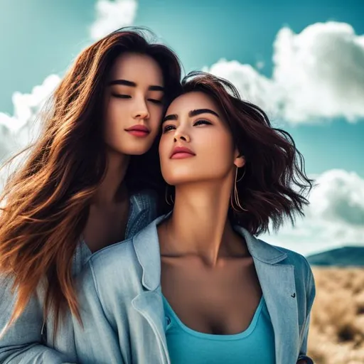 Prompt: two beautiful women in a lesbian romance movie style poster movie poster romance movie poster lesbian romance movie poster with a cloudy and sky blue background while hair slightly covers face and they face opposite ways while looking up to sky back to back 8k cinematic realistic
