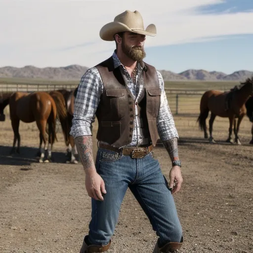 Prompt: 6'4" modern male cowboy, burly, rugged, hairy, tattoos, tight wrangler jeans, cowboy boots, brown leather vest, plaid shirt, gun holster attached at belt and thigh, on a ranch, watching horses, dynamic pose, full body