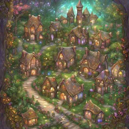 Prompt: Create an image of the place Glitterhaven, a charming village in the Enchanted Grove sanctuary.

