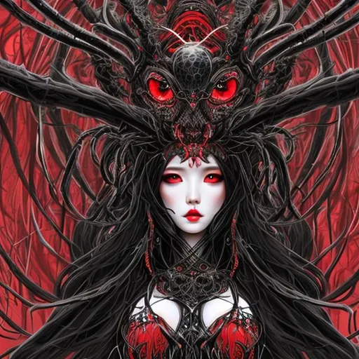 Prompt: Goddess of spiders hyper detailed head dress and black and red dress. 


